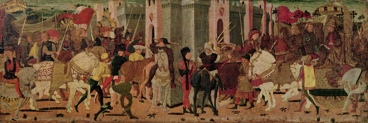 Entrada de Titus Flavius Vespasian (9-79 AD) e Titus (38-91 AD) em Roma, c.1450 (óleo sobre painel) de Italian School