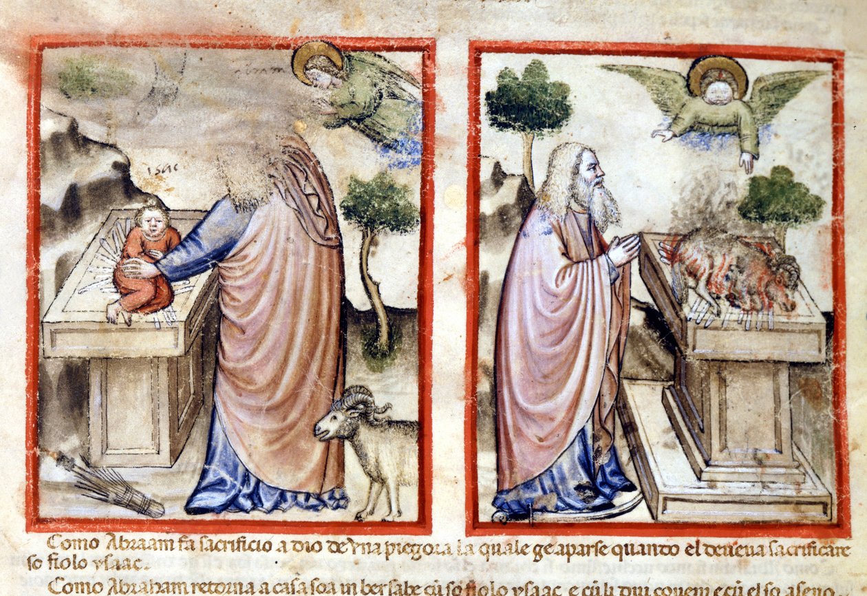 Episódio do sacrifício de Isaac por Abraão. Miniatura do códice 212 (ou códice padovano ou Bíblia de Pádua) 1390-1400 Rovigo, Accademia dei Concordi de Italian School