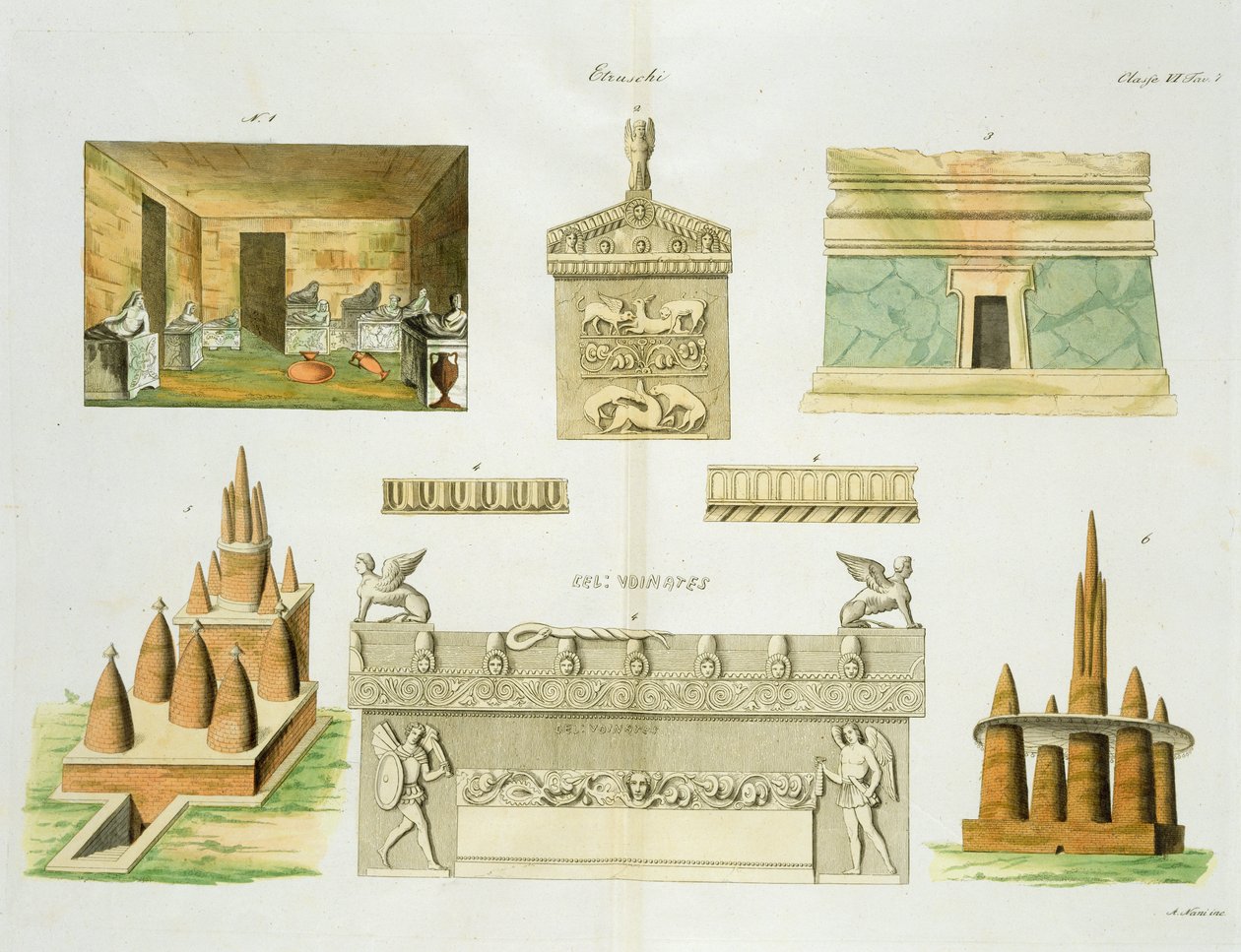 Sarcófagos e sepulturas etruscas, placa 7, classe 6 da Parte I da História das Nações, gravada por A. Nani (aquatint) de Italian School