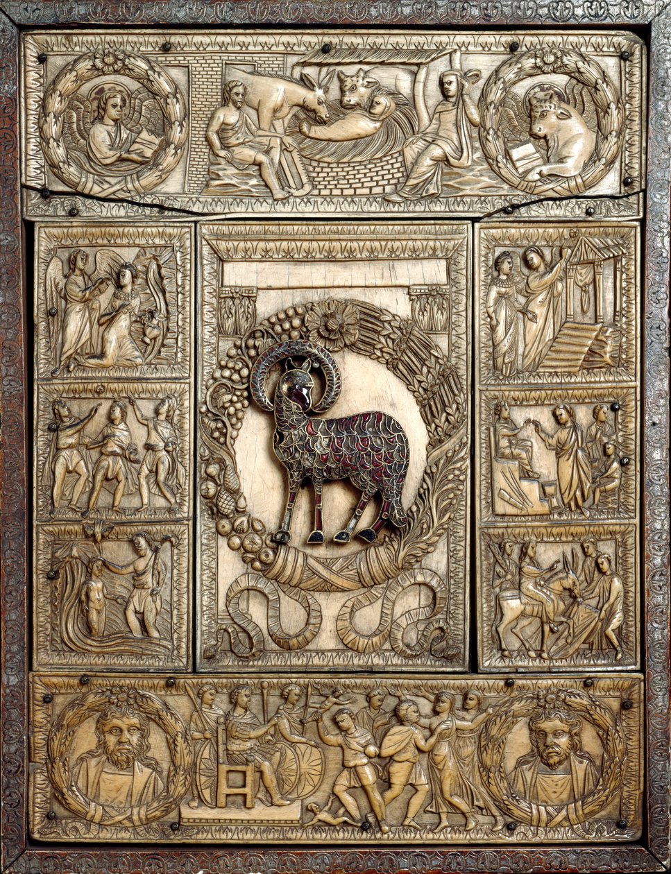 Capa evangélica chamada "Dittico delle cinque parti" (Díptico das cinco partes) em marfim enfeita episódios de caridade de jesus. Século V. Milão, Tesoro del Duomo de Italian School