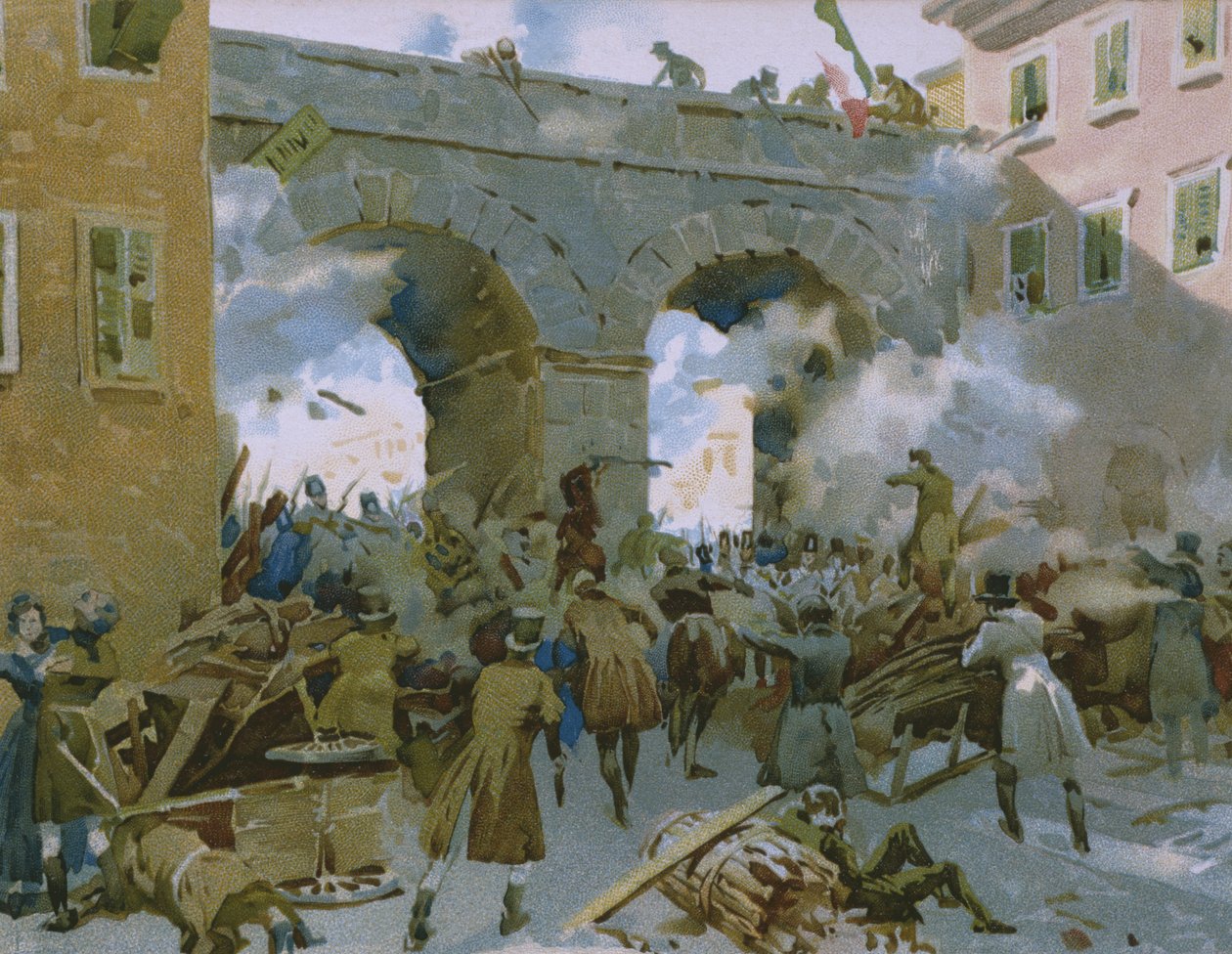 Eventos de 18 a 22 de março de 1848, milaneses perseguindo os austríacos, ilustração de um álbum sobre a história do Risorgimento feito para o chocolate Talmone, final do século XIX de Italian School