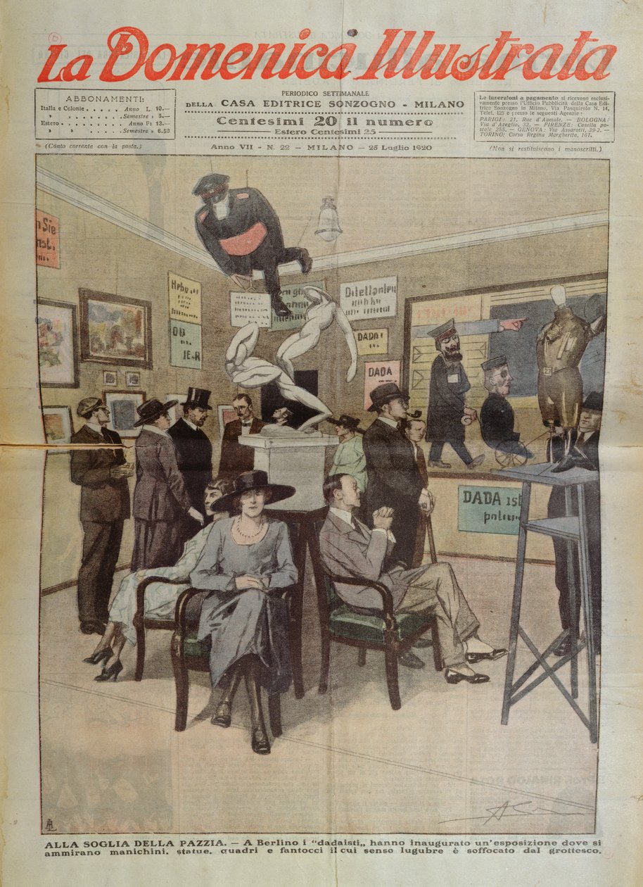 Exposição de arte "Dada" em Berlim, ilustração da capa de "La Domenica Illustrata", 25 de julho de 1920 (litografia a cores) de Italian School