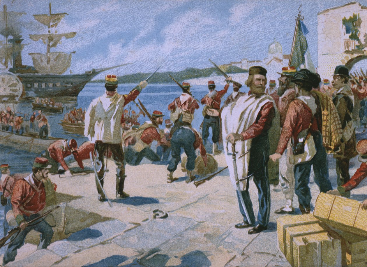 Expedição dos Mil sob a liderança de Giuseppe Garibaldi, desembarcando em Marsala, Sicília, 1860, ilustração de um álbum sobre a história do Risorgimento feito para o chocolate Talmone, tarde de Italian School