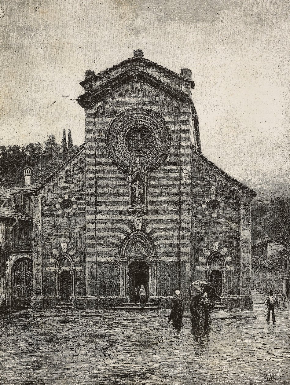Fachada da Catedral de Bellano, Lago Como, Itália, gravura de desenho de Quinto Michetti, de L