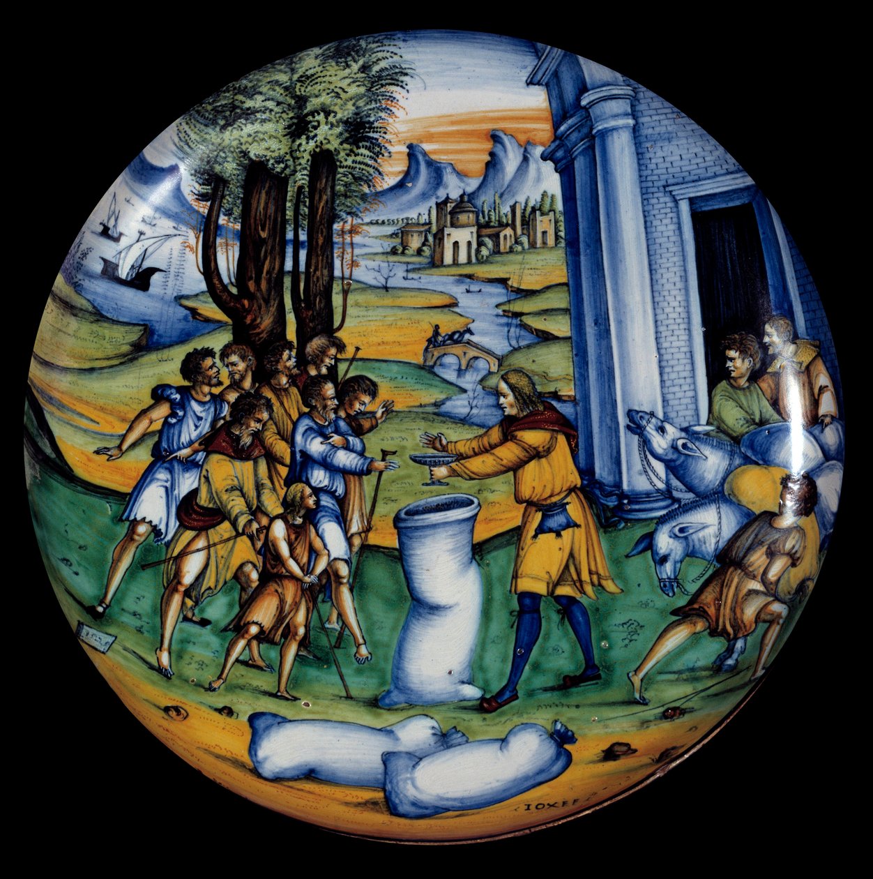 Taça de faiança representando Joseph na bolsa de Benjamin a taça que ele tinha colocado nela. Feito pela caixa de fabricação Pirota de Italian School