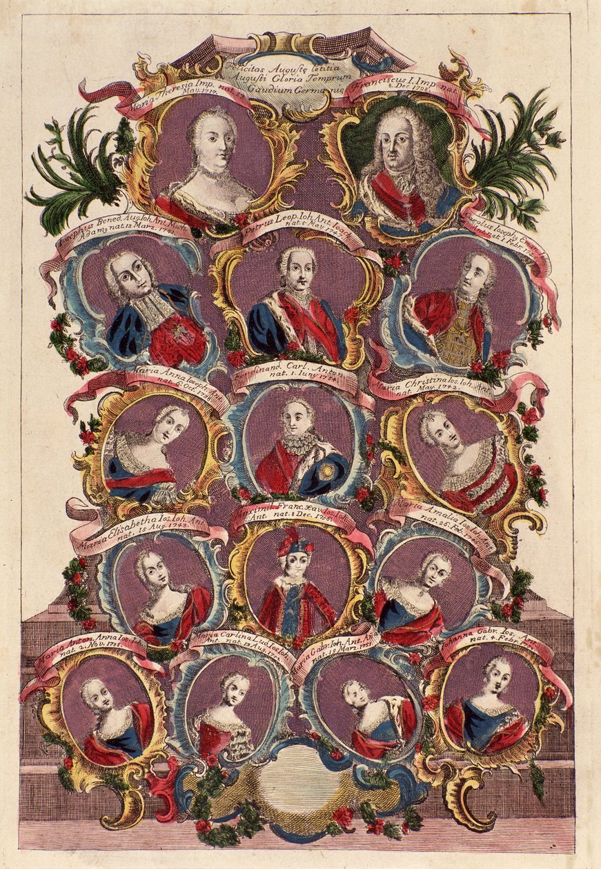 Árvore genealógica da imperatriz Maria Teresa de Habsburgo (1717-1780) com o marido Francisco I com filhos: Maria Isabel, José II, Maria Amalia, Leopoldo II, Fernando e Maximiliano de Italian School