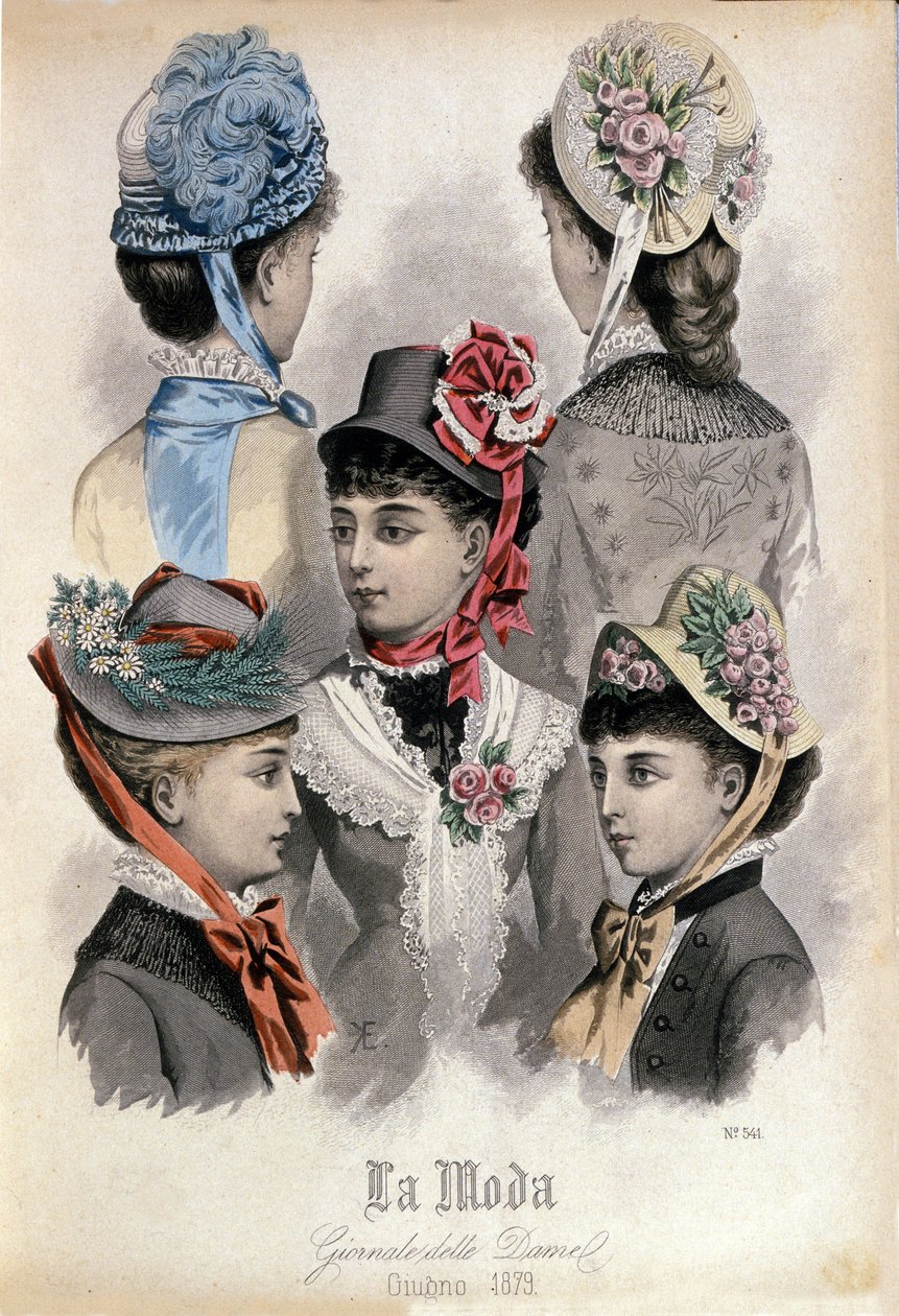 Moda do final do século XIX: diferentes modelos de chapéus de senhora de Italian School