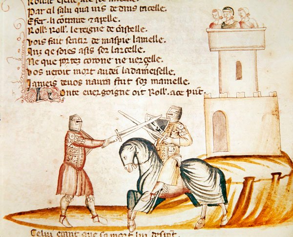 Lute entre um soldado montado e um soldado a pé, do Codex Entree dEspagne de Italian School