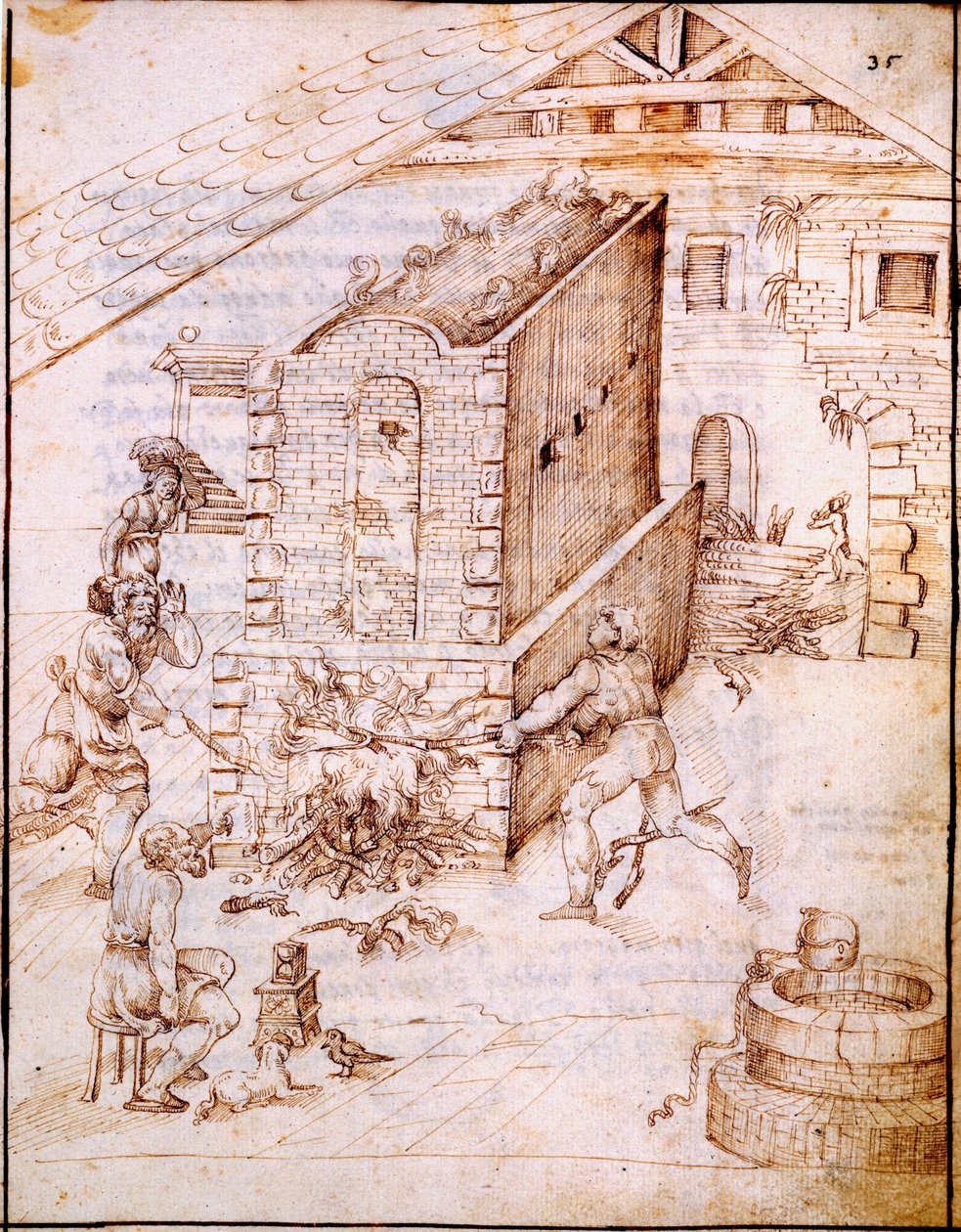 Disparando um forno adiantado, c.1630s (pergaminho manuscrito) de Italian School