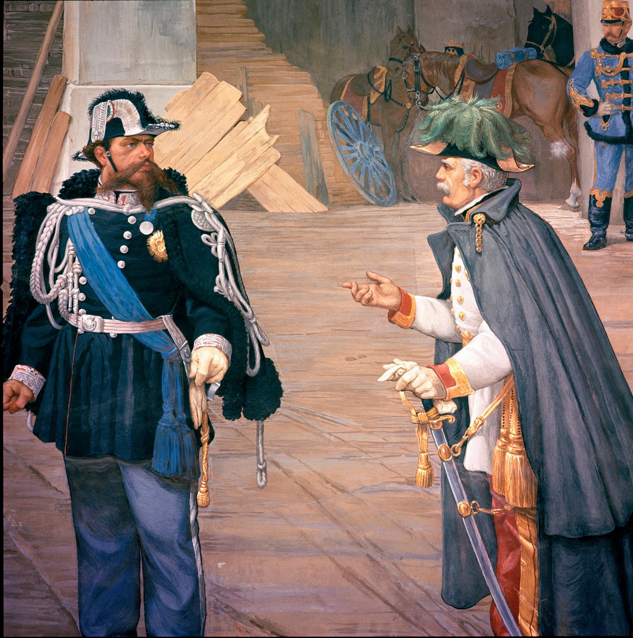 Primeira Guerra da Independência Italiana: "a Batalha de Novara (Novara) em 13/09/1849" Também chamada Batalha do Bicoque. Vittorio Emanuele (Victor Emmanuel) (Victor-Emmanuel) II (1820-1870) e Joseph Radetzky (1766-1858) após a batalha. Detalhe de um fres de Italian School