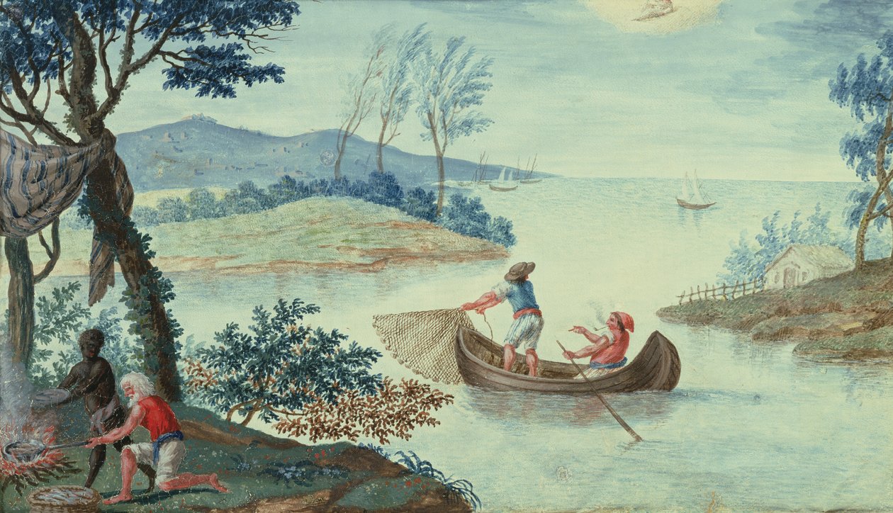 Cena de pesca retratando o mês de julho, um de uma série de doze (wc) de Italian School