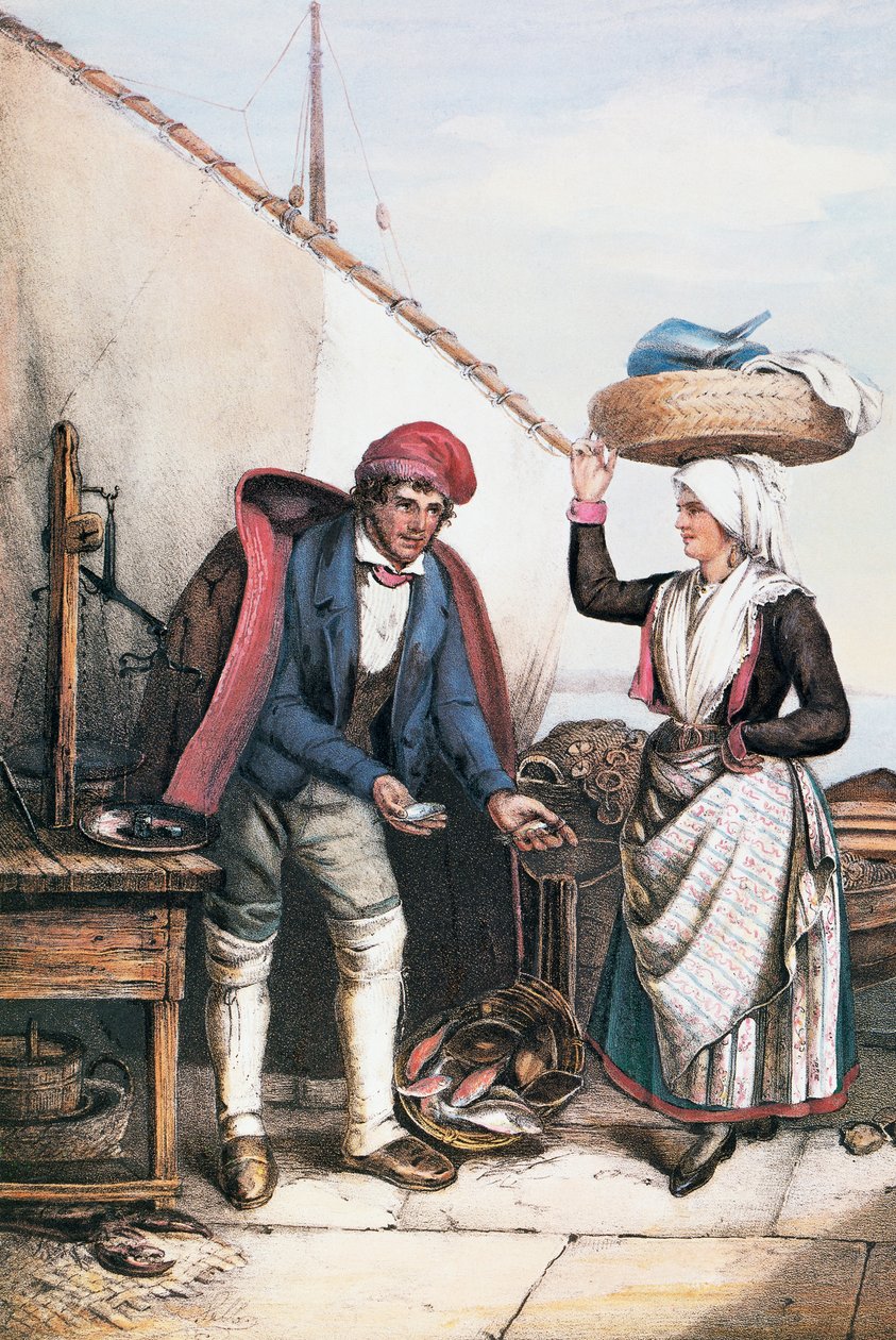 Peixeiro e camponês, ilustração de Costumes de Ístria, Itália de Italian School