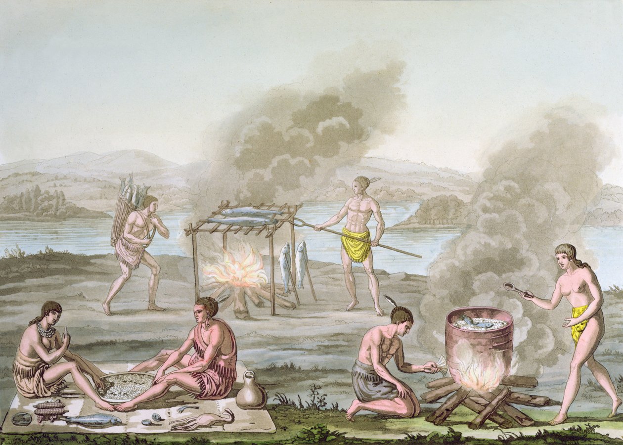 Índios da Flórida preparando e cozinhando alimentos, c.1820 de Italian School
