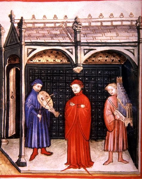 Fol.103v Um cantor acompanhado por um órgão e um instrumento de cordas, ilustração de 
