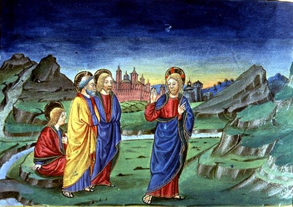 Fol.103v Depois da Transfiguração Cristo diz aos apóstolos para não revelarem este facto até depois da Ressurreição (vellum) (ver 142186) de Italian School