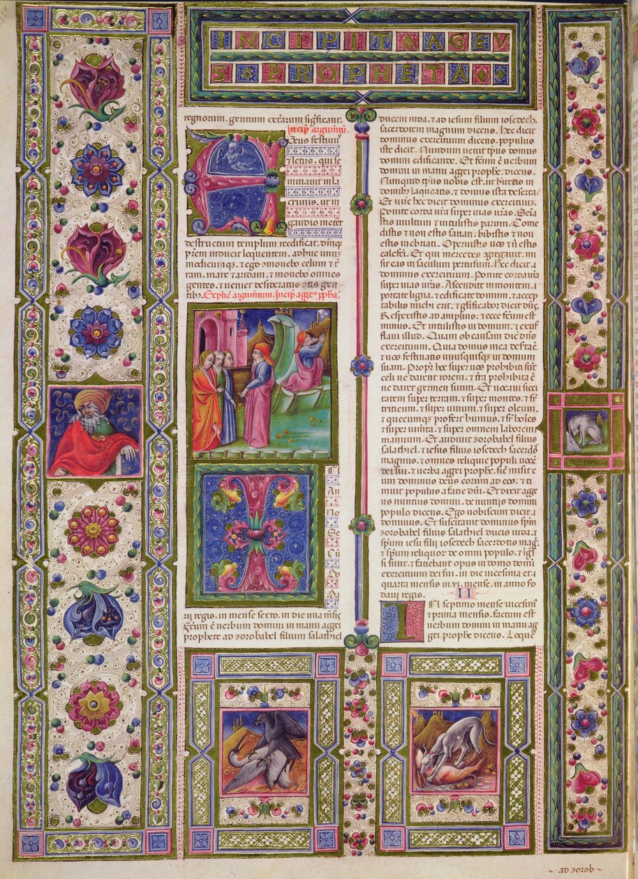 Fol.103v Livro do Profeta Ageu (um profeta que, no século VI a.C., ajudou os judeus a reconstruir o templo), da Bíblia de Borso d