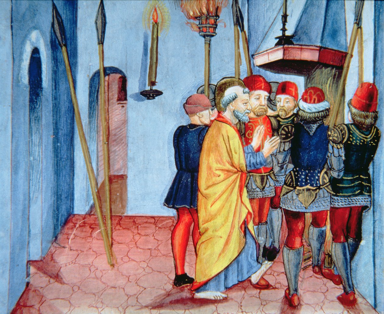 Fol.107v Pedro nega a Cristo (velino) de Italian School