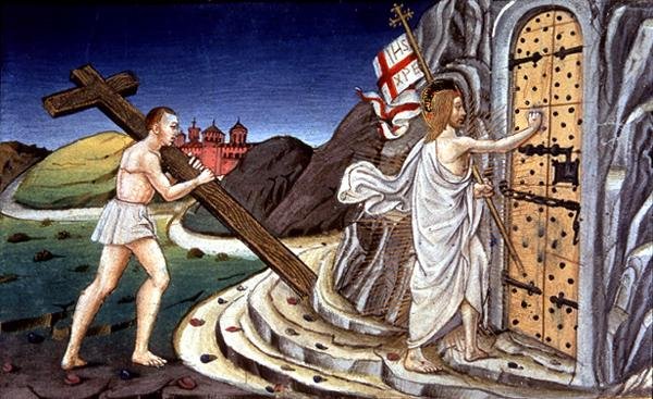 Fol.125va Após a Sua morte Cristo transforma-se para conduzir as almas dos justos ao Paraíso (vellum) de Italian School