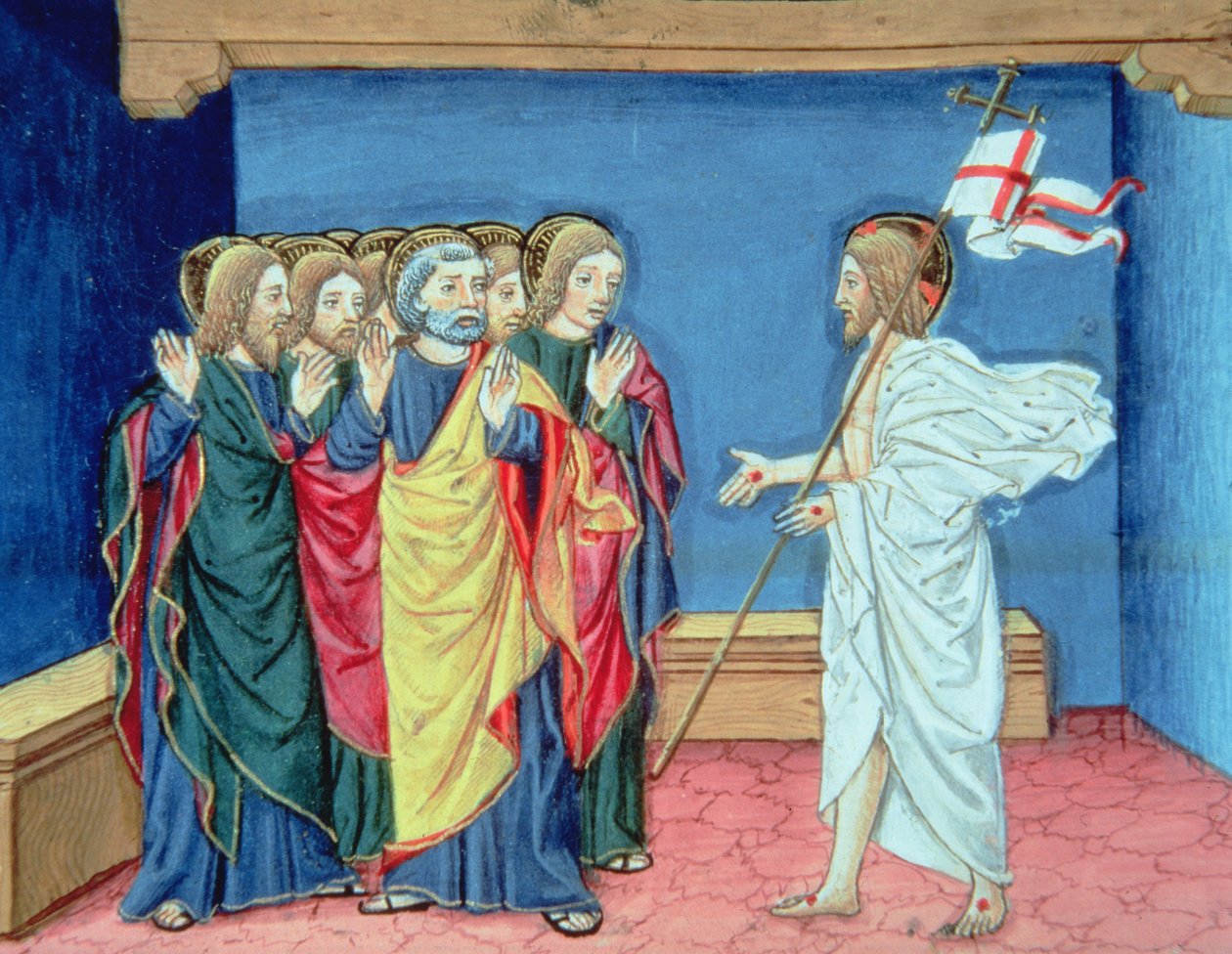 Fol.132va O Cristo ressuscitado mostra aos discípulos suas mãos e a ferida em seu lado (velino) de Italian School