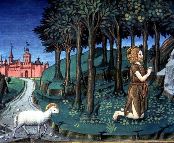 Fol.143v São João Batista reza no deserto (velino) de Italian School