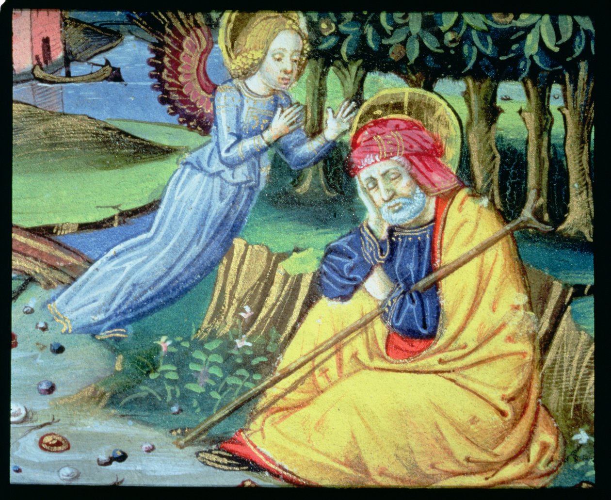 Fol.37v Um anjo diz a José que Maria está grávida (vellum) de Italian School