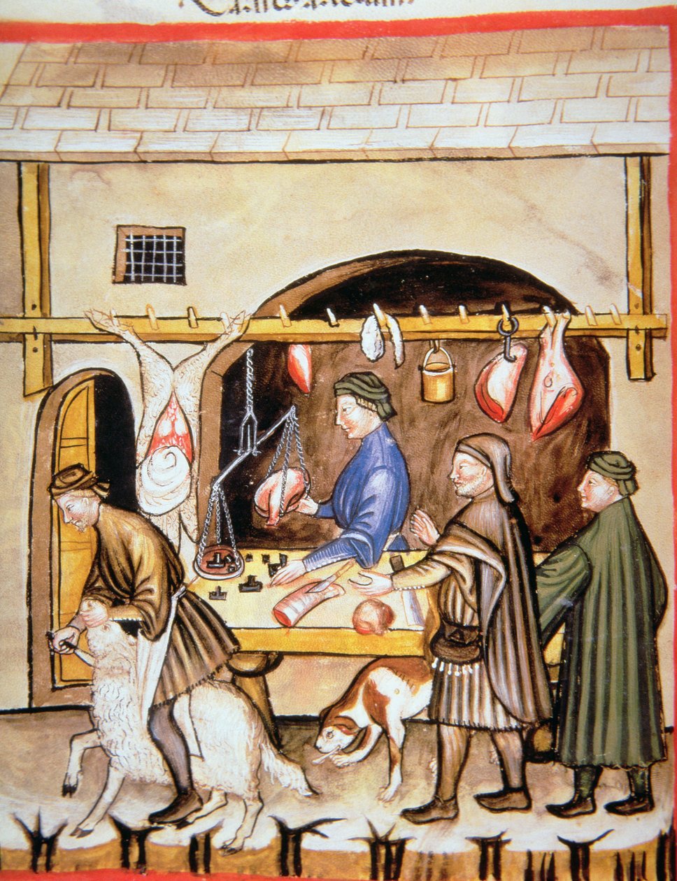 Fol.72v O Carniceiro: Vendendo Carneiro, ilustração de Tacuinum Santiatis de Italian School