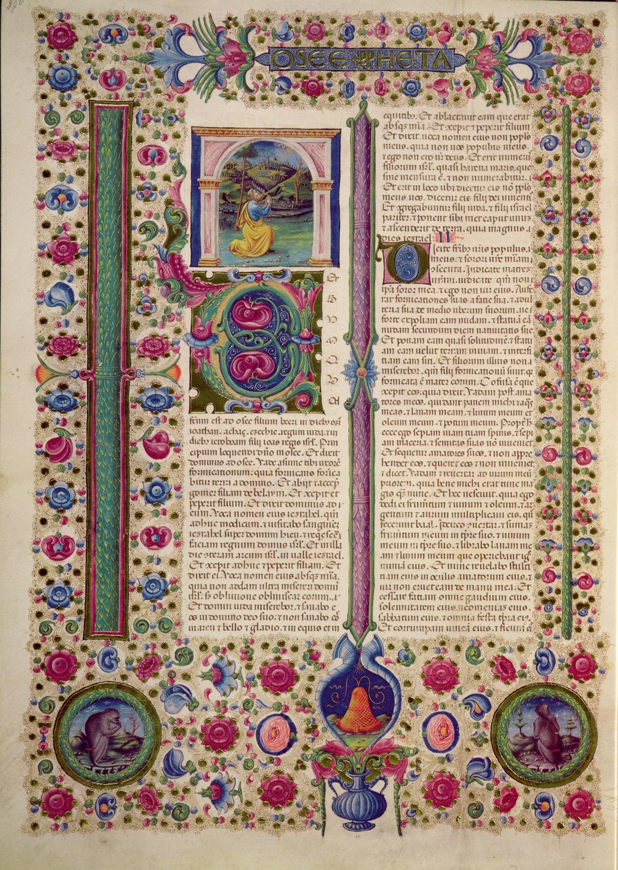 Fol.87v Abertura do Livro do Profeta Oséias (um profeta menor que prega contra os judeus idólatras), da Bíblia de Borso d