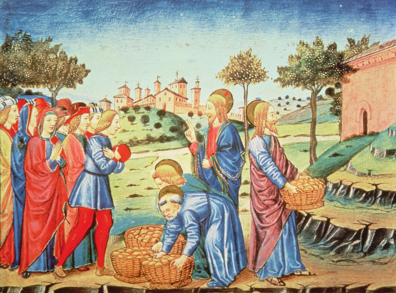 Fol.90v Cristo e o milagre dos cinco pães e dois peixes (velino) de Italian School