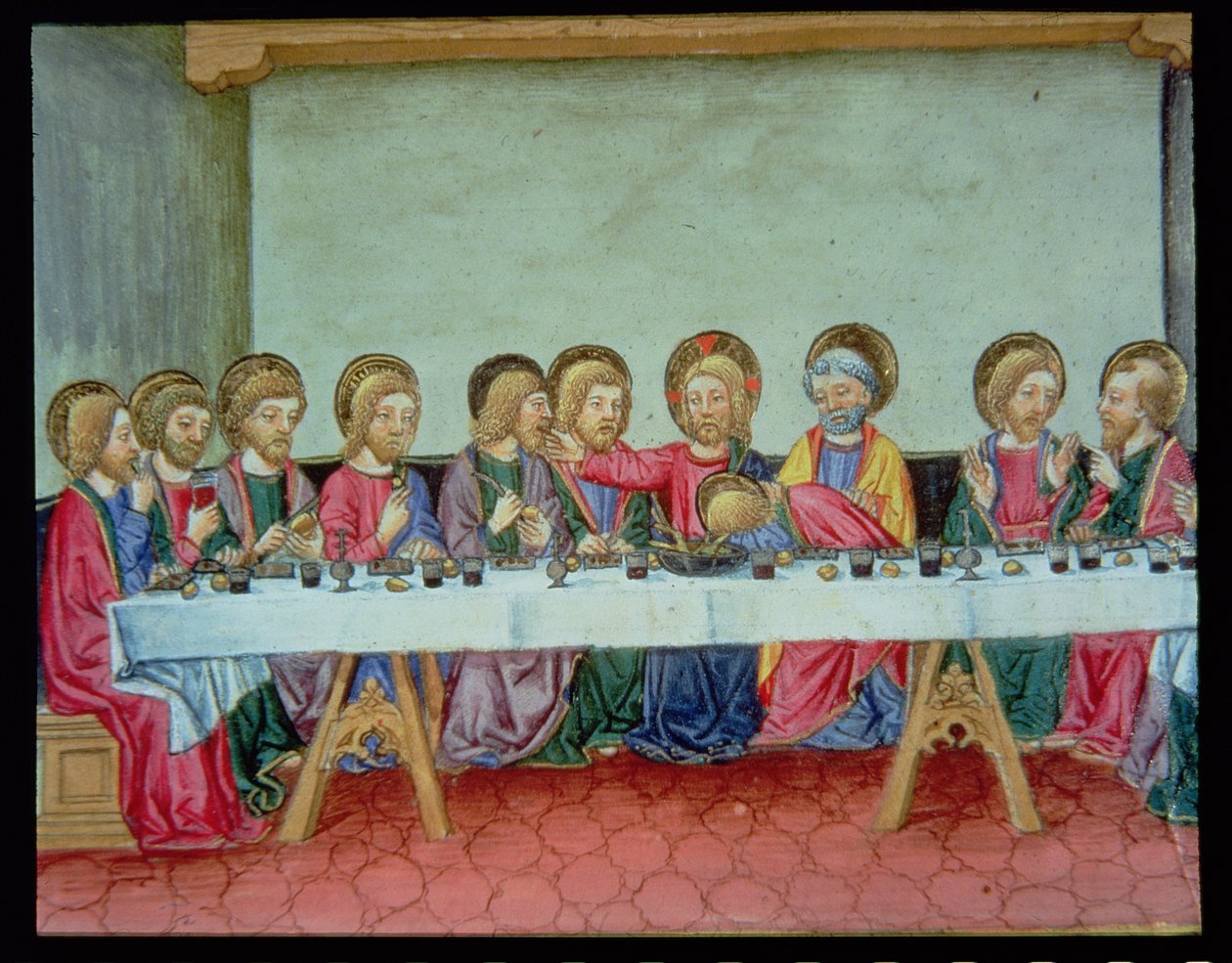 Fol.99v Durante a Última Ceia, Cristo anuncia que um dos apóstolos O trairá (vellum) de Italian School