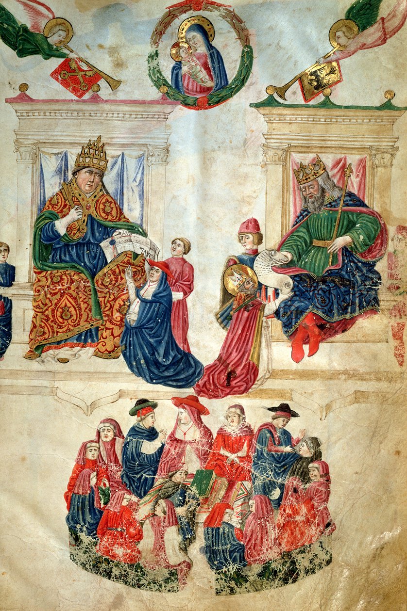 Fundação da Universidade de Bolonha pelo Imperador Teodósio II (408-450) e os privilégios concedidos pelo Papa Paulo II (1417-71) (velino) de Italian School