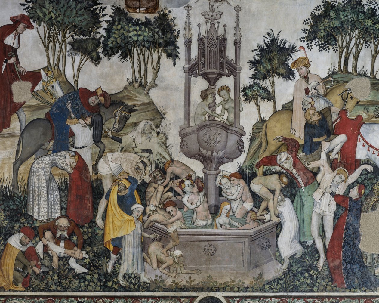Fonte da Juventude, detalhe da Fonte da Juventude, fresco no Salão Baronial, Castelo de Manta, Saluzzo, Piemonte, Itália de Italian School