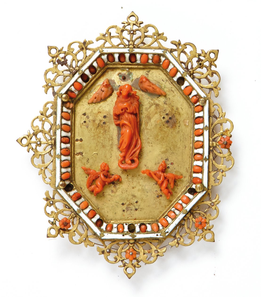 Quadro representando a Virgem Imaculada, Trapani, meados do século 17 (cobre dourado, esmalte e coral) de Italian School