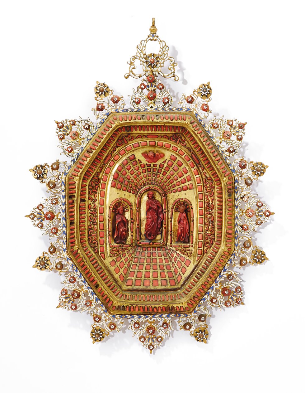 Moldura retratando a Virgem Maria, Trapani, início do século 17 (cobre dourado, esmalte e coral) de Italian School