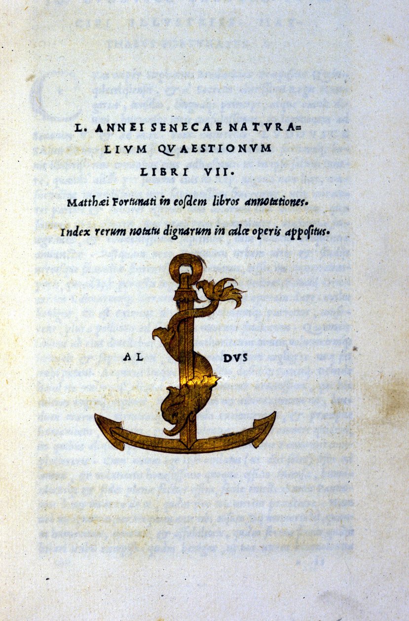 Frontispício de "Naturalium Questionum Libri VII" ou "Livro VII de Perguntas Naturais" de Seneque o Filósofo ou Lucius Annaeus Seneca (2 AC - 65 DC). JC), impresso em 1503 por Aldo Manuzio (Alde Manonce) (1450 - 1515), estudioso e impressor veneziano. de Italian School