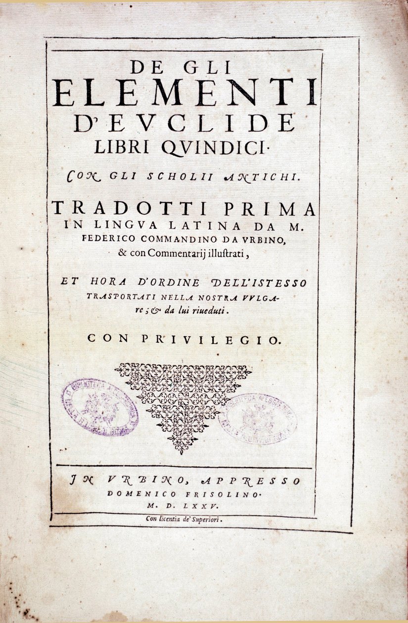 Frontispício do volume XV "Elementos" do matemático grego Euclides (século III a.C.) de Italian School
