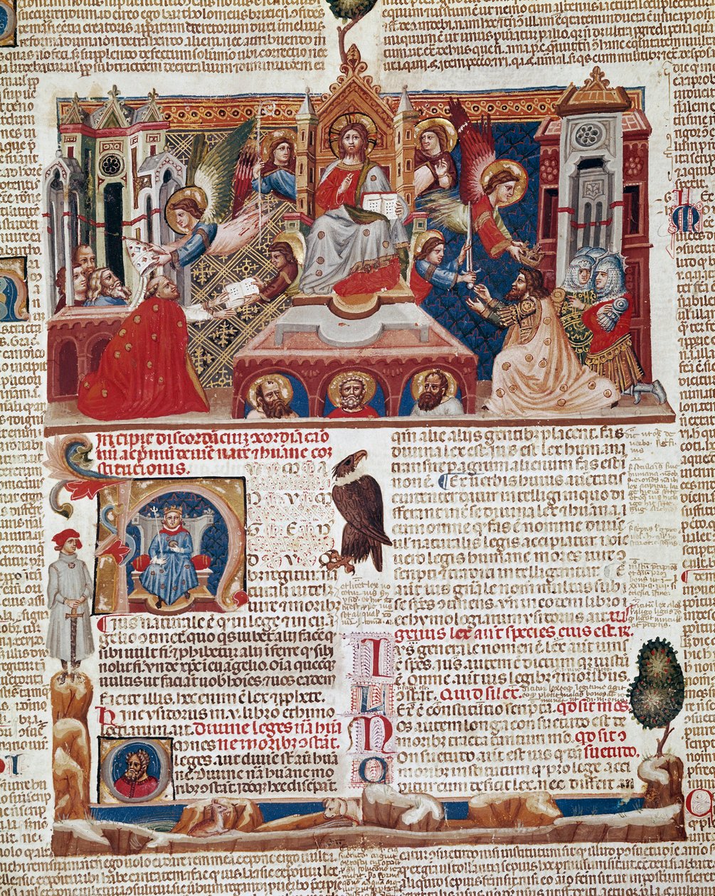 Página de Frontispício do manuscrito do "Decret de Gratien" ("Concordia discordantium canonum" ou "Decretum Gratiani") datado de 1140 e que regula as leis e os cânones da Igreja Católica Romana. Século XIV Siena, Biblioteca degli Intronati de Italian School