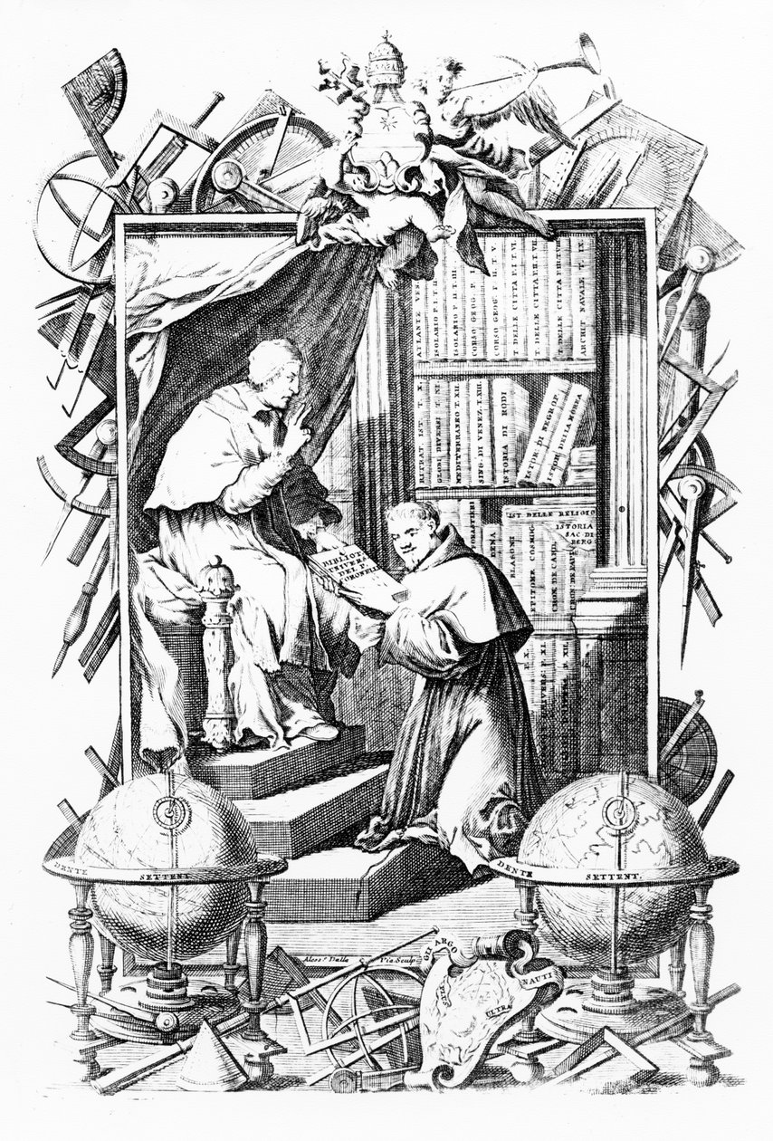 Frontispício da Biblioteca Universal Sacro-Profana, Vol. 1 de Vincenzo Coronelli, estampa de Alessandro Dalla Via, publicada em 1701 de Italian School