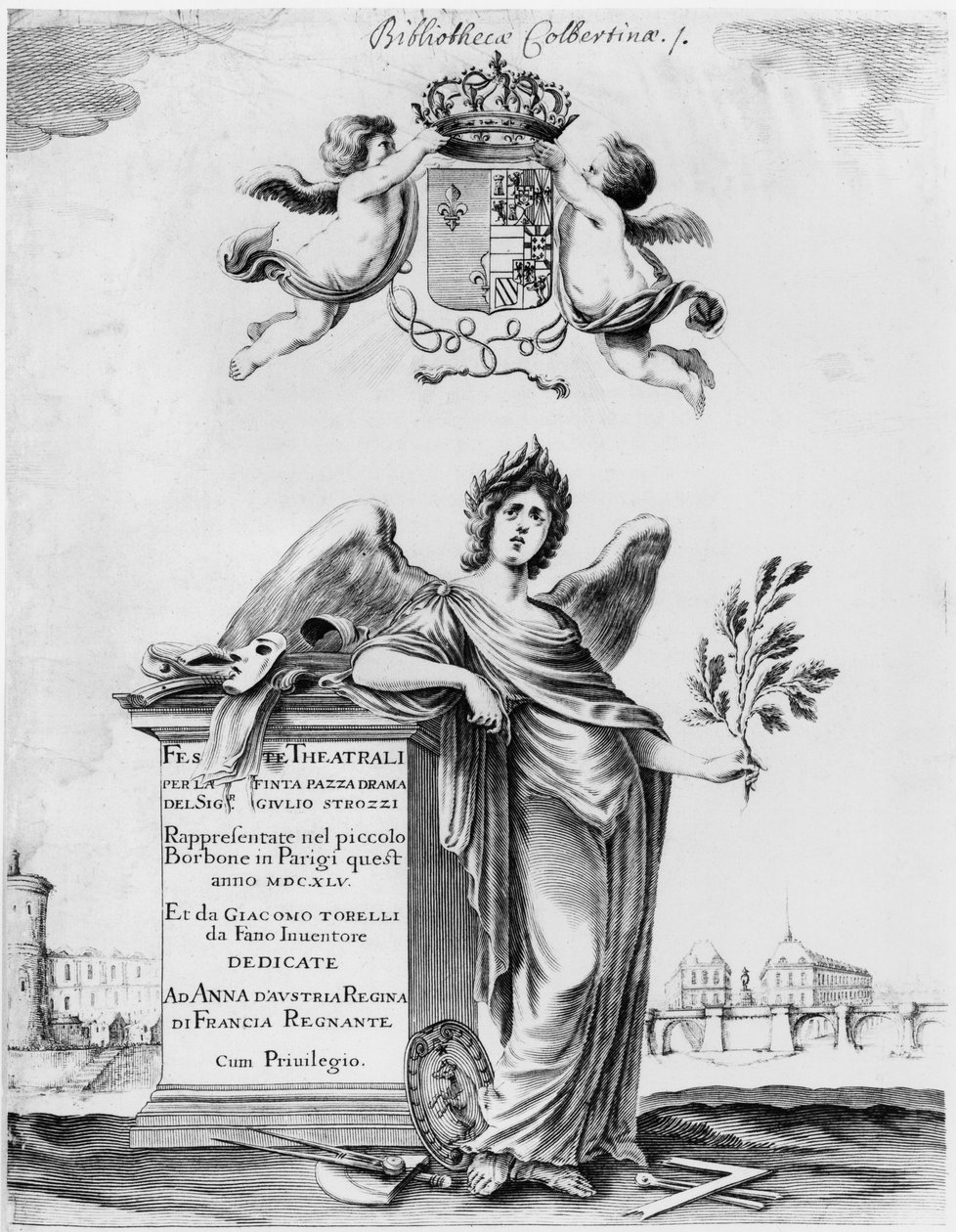 O frontispício do Feste theatrali per la Finta Pazza se apresentou em 1645 no Teatro Petit Bourbon em Paris de Italian School