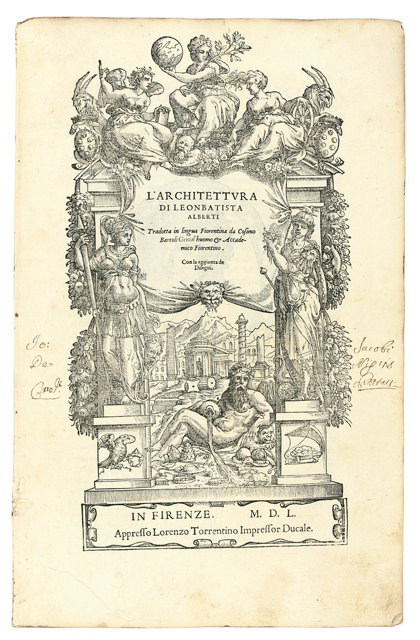 Frontispício de L&39;Architettura, de Leon Battista Alberti (1404-72), traduzido para o italiano por Cosimo Bartoli (1503-72). Florença: Lorenzo Torrentino de Italian School