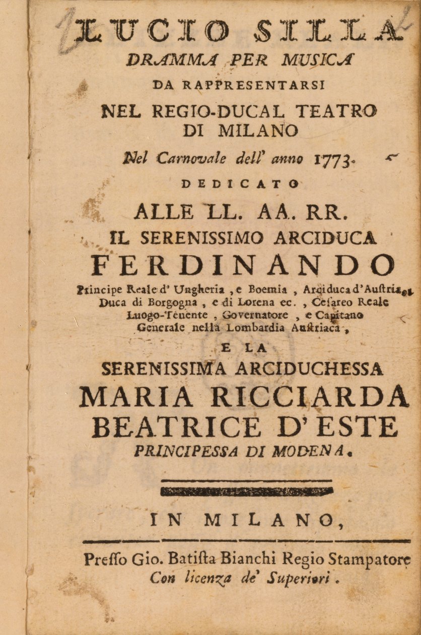 Frontispício do Mozarts Lucio Silla, realizado em Milão em 1773 de Italian School