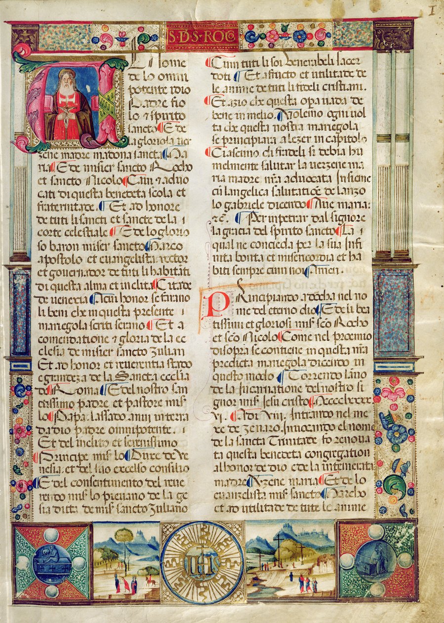 Frontispício, de uma Mariegola da guilda leiga de São Rocco e São Nicolau de Italian School