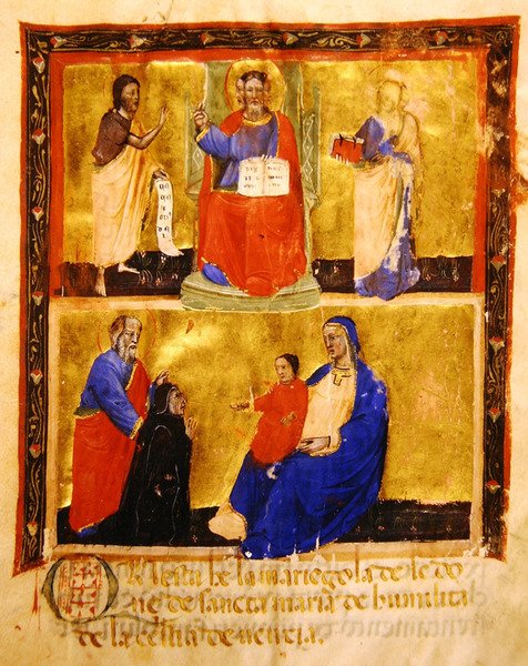 Frontispício, de uma Mariegola da guilda leiga da Confraria da Madonna dellUmilita, 1391 (tinta e folha de ouro sobre velino) de Italian School