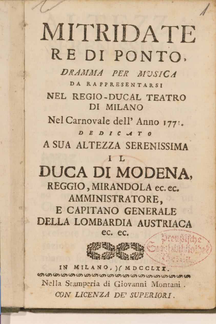 Frontispício de uma cópia inicial de Mitridate, re di Ponte, uma ópera de Wolfgang Amadeus Mozart, 1770 de Italian School