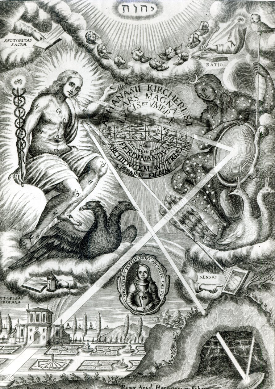 Grande frontispício Arte de luz e sombra, por Athanasius Kircher (1601-1680), Roma, 1646 de Italian School