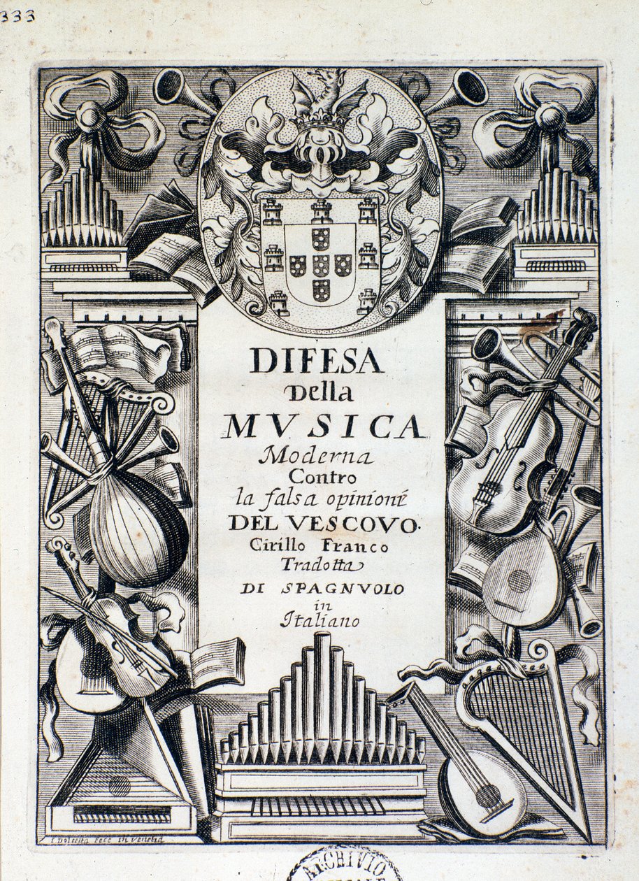 Frontispício da Defesa da música moderna: contra a falsa opinião do Bispo Cirillo Franco, do Rei James IV de Portugal de Italian School