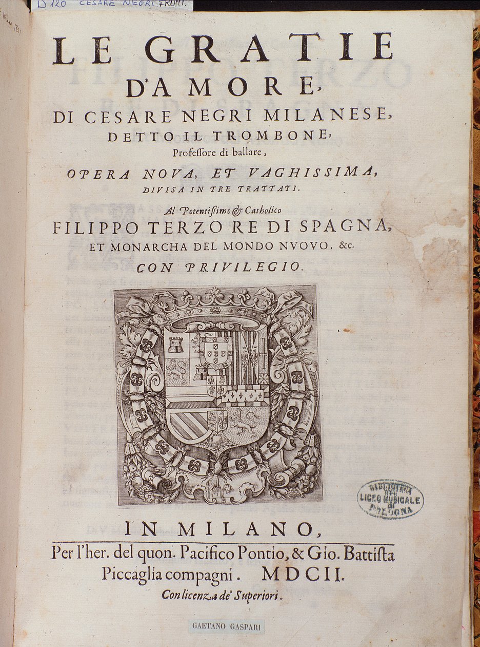 Frontispiece de Le Gratie dAmore (as benevolências do amor) pelo dançarino italiano Cesare Negri chamou o Trombone (1536-1604), tratado na dança de Italian School