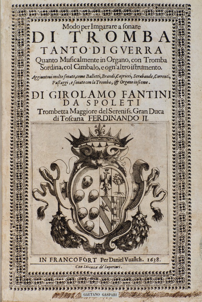 Frontispício do Caminho para aprender a trompete método sonare para aprender trompete por Girolamo Fantini (1600-1675) de Italian School