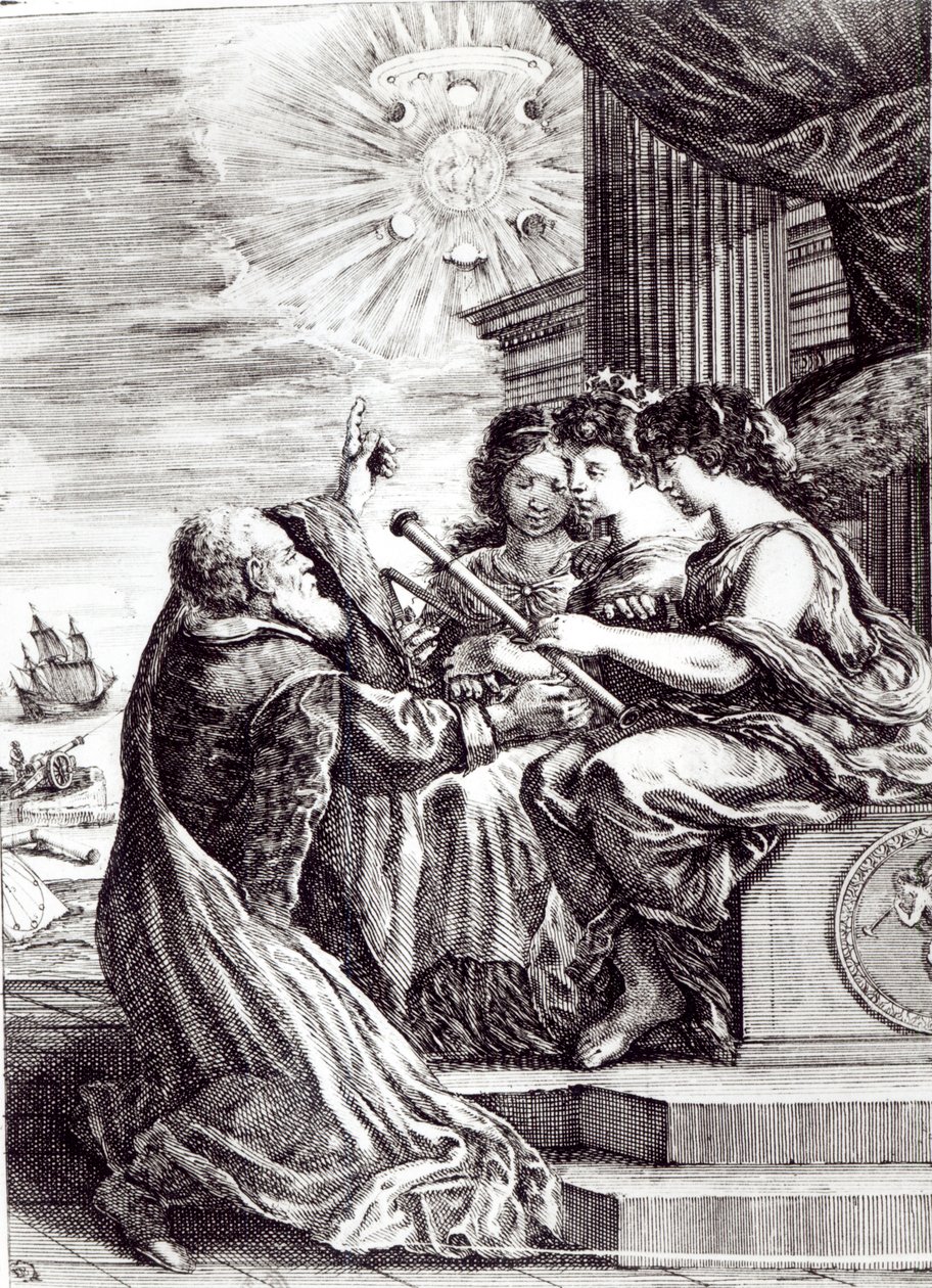 Frontispício das Obras de Galileo Galilei, publicado em Bolonha em 1656 de Italian School