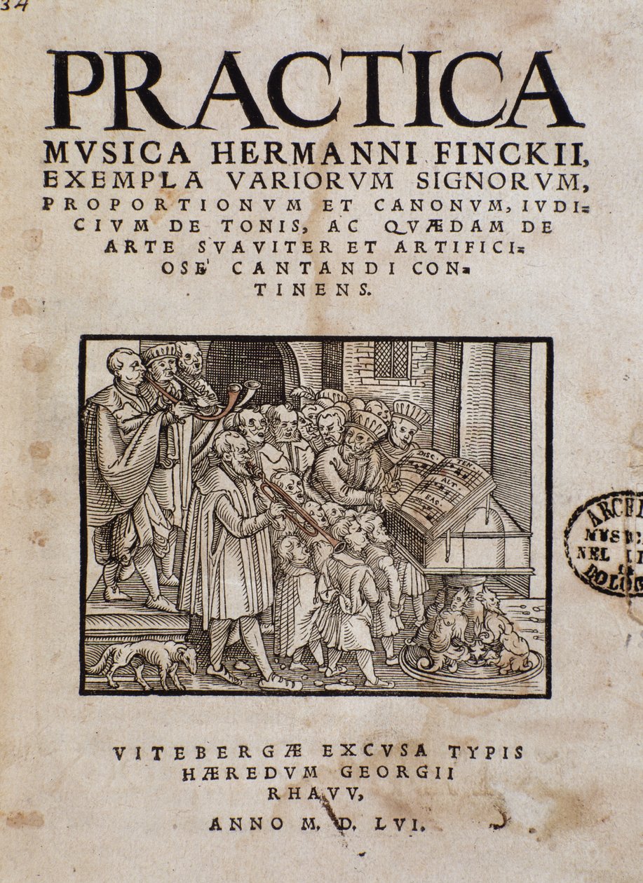 Frontispício da Practica musica por Hermann Finck (1527-1558) compositor alemão e teórico da música de Italian School