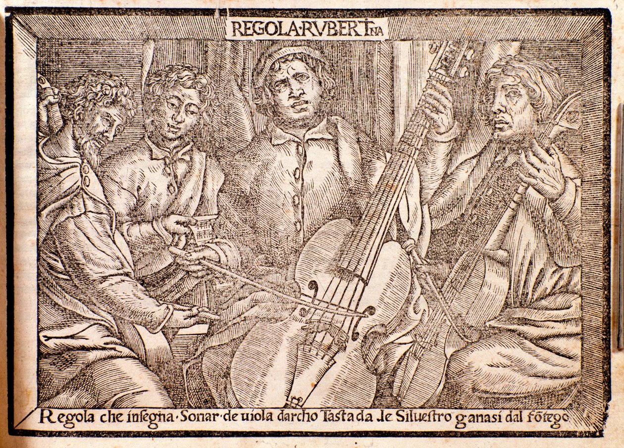 Frontispício do tratado da regra Rubella na viola da gamba por Silvestro Ganassi de Fontego de Italian School